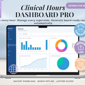 May include: A laptop screen displaying the Clinical Hours DASHBOARD PRO interface with analytics, bar charts, and pie charts. Text includes: Track every hour. Manage every supervisor. Generate board-ready reports — automatically. Interactive web app.