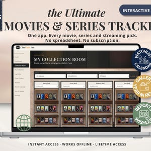 May include: A laptop screen displaying the CineVault Pro interactive web app, titled the Ultimate Movies & Series Tracker. The interface features nine tabs, a collection room with shelves of movie posters, and circular badges for watchlist, calendar, gallery, year in review, reports, and wishlist.