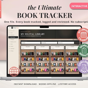 May include: A laptop screen displaying the Ultimate Book Tracker web app, featuring a digital library interface with nine tabs, book shelves, and navigation menus. Text includes My Digital Library, My Library Calendar, Search Wishlist, and Challenge Tools.