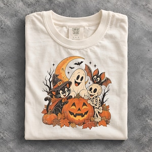 Comfort Colors Halloween Skeleton Shirt, Ghost Cat Crew, Retro Tee, Spooky Fall Gift