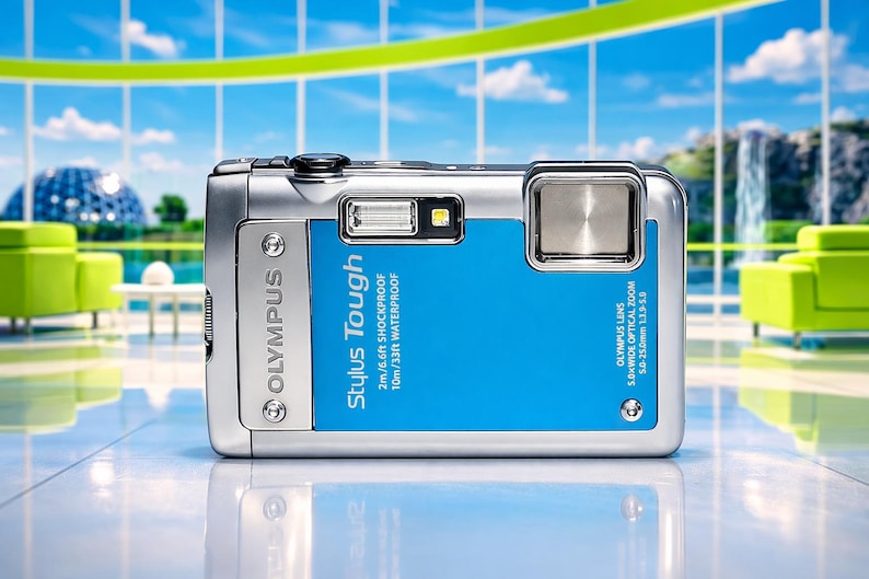 May include: Silver and blue Olympus Stylus Tough digital camera. The camera has a blue back panel with white text that reads "Stylus Tough" and "2m/6.6ft SHOCKPROOF 10m/33ft WATERPROOF". The camera has a flash and a zoom lens.
