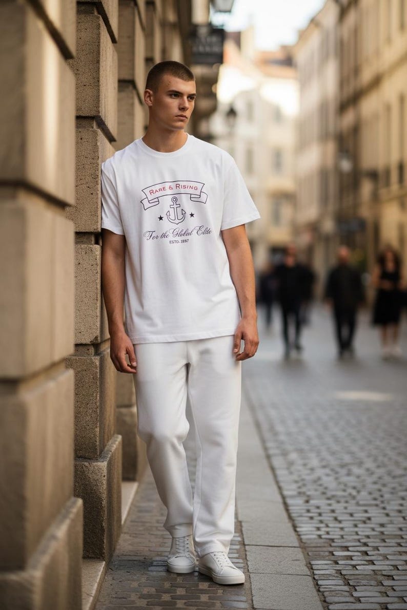 Pode incluir: Uma pessoa vestindo uma camiseta branca e cal&ccedil;as brancas. A camiseta tem um gr&aacute;fico com uma &acirc;ncora e o texto "Rare & Rising" e "For the Global Elite". A pessoa est&aacute; em uma rua de paralelep&iacute;pedos.