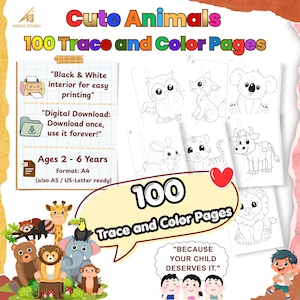 100 Animal Trace and Color Pages for Toddlers, Printable, A4 Digital PDF Download, Preschool Fine Motor Activity, Nachspuren und Ausmalen.