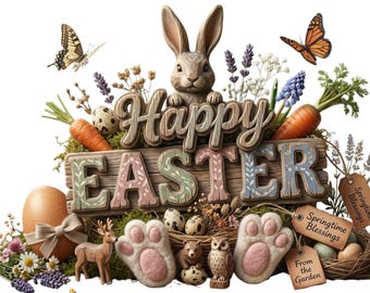 Letrero rústico de madera con diseño de conejito de Pascua y flores primaverales (descarga digital).