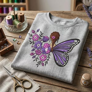 May include: A gray t-shirt featuring an embroidered design of a fairy with butterfly wings and flowers in shades of purple and pink. The fairy has brown hair. The shirt is folded on a wooden surface.