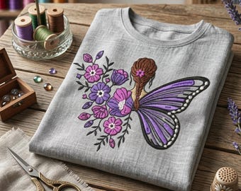 Butterfly Fairy Girl Embroidery Design, Floral Fairy Machine Embroidery File, Purple Butterfly Woman Digital Download, PES DST 7 Sizes