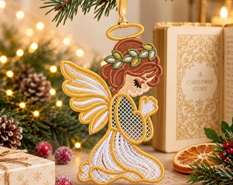 Praying Angel FSL Embroidery Design, Free Standing Lace Nativity Christmas Ornament, Machine Embroidery 7 Sizes PES DST  Instant Download