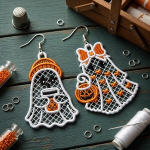 Halloween Ghost FSL Embroidery Design, Free Standing Lace Ornament Earrings, Boo Ghost Bow Pumpkin Bag, 7 Sizes Machine Embroidery File image 9