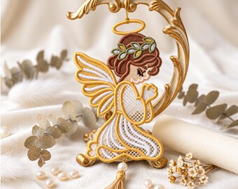 Praying Angel FSL Embroidery Design, Free Standing Lace Nativity Christmas Ornament, Machine Embroidery 7 Sizes PES DST  Instant Download