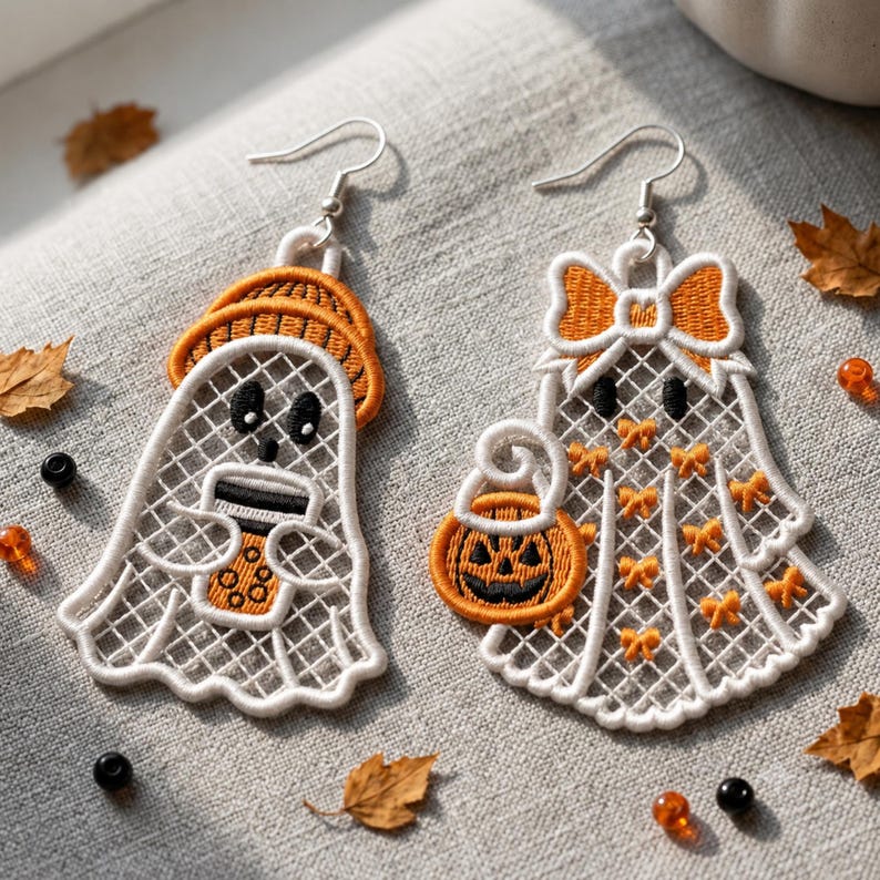 May include: A pair of white ghost-shaped earrings with orange embroidery. One ghost wears an orange hat and holds a boba tea cup. The other ghost wears an orange bow and carries a jack-o'-lantern bucket. Both feature silver-toned earring hooks.