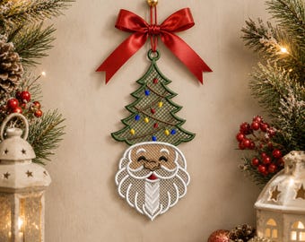 FSL Santa Claus Christmas Tree Ornament Machine Embroidery Design, Free Standing Lace Digital File, Gnome Pattern, Xmas Holiday Tree Decor