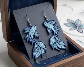 Fish FSL Free Standing Lace Machine Embroidery Design, Betta Koi Fish Ornament Earrings Pendant Pattern, Digital File Instant Download