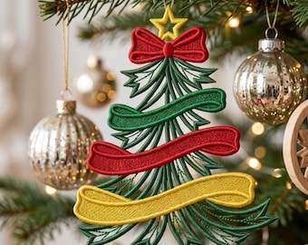 Christmas Tree Embroidery Design with Ribbons & Bow, FSL Free Standing Lace Ornament, Star Topper Machine Embroidery File Digital Download