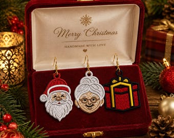 Santa & Mrs Claus Gift Box FSL Embroidery Design, Free Standing Lace Christmas Ornament Earrings, Machine Embroidery Digital File Download