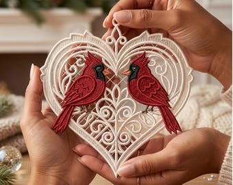 Cardinal Birds Heart FSL Ornament Machine Embroidery Design, Free Standing Lace Valentine Love Birds Digital File Pattern Download