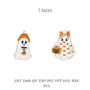 May include: Two white ghost machine embroidery designs with orange accents. One ghost wears a hat and holds a drink, the other wears a bow and holds a pumpkin bucket. Text reads 7 SIZES and .DST .EMB .JEF .EXP .PES .VP3 .HUS .XXX .PCS.