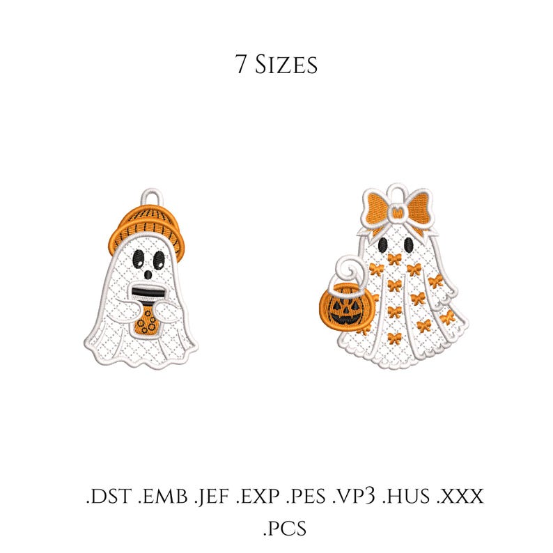May include: Two white ghost machine embroidery designs with orange accents. One ghost wears a hat and holds a drink, the other wears a bow and holds a pumpkin bucket. Text reads 7 SIZES and .DST .EMB .JEF .EXP .PES .VP3 .HUS .XXX .PCS.