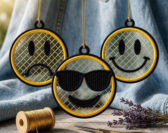 Smiley Face FSL Ornament Embroidery Design, Free Standing Lace Keychain Earrings, Cool Sunglasses Happy Sad Emoji Machine Embroidery File