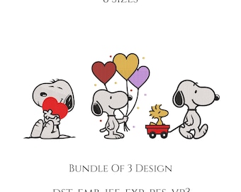 Cartoon Dog Hearts Embroidery Design Bundle | Puppy Machine Embroidery Files | Snoopy Love Balloon Stitch Pattern | Digital Download DST PES