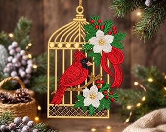 Cardinal Birdcage FSL Embroidery Design, Free Standing Lace Christmas Ornament, Poinsettia Machine Embroidery Digital File PES DST