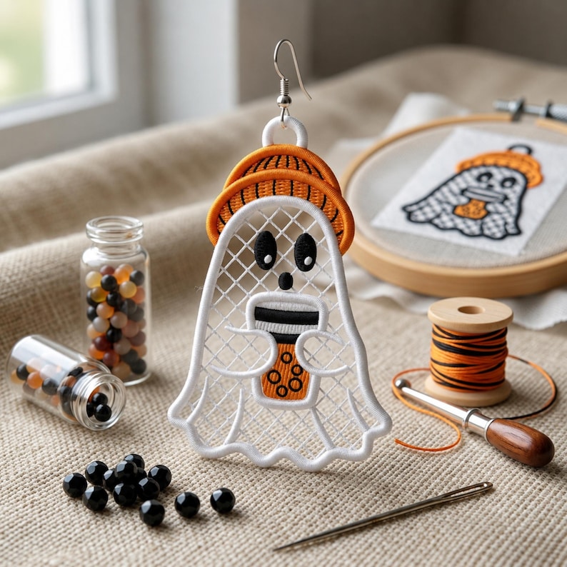 May include: A white embroidered ghost earring featuring an orange hat and holding an orange boba tea drink with black details. The ghost has a lattice pattern body, black oval eyes, and a small black mouth. It hangs from a silver-toned metal hook.