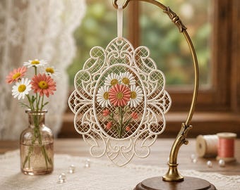 Free Standing Lace Floral Ornament Embroidery Design, FSL Flower Doily Machine Embroidery File, Daisy Lace Pendant Digital Download PES JEF