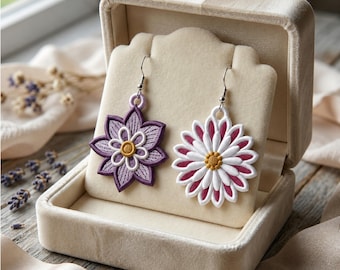 Free Standing Lace Daisy Earrings Pendant Set, Purple Pink Flower Embroidery Files (Digital Download)