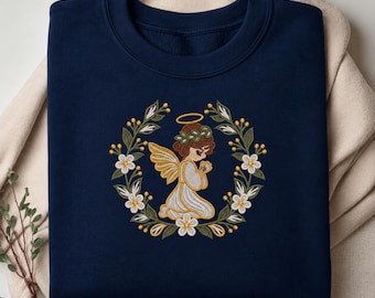 Praying Angel Embroidery Design, Floral Wreath Machine Embroidery Pattern, Baptism Christmas Religious Gift, Instant Download PES DST