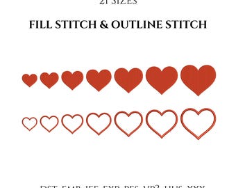 Small Heart Embroidery Design – Fill Stitch & Outline Stitch, 21 Sizes, DST PES EMB, Valentine Day Design, Instant Download, Mini Heart File