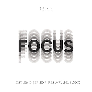 以下が含まれることがあります： 白い背景に、黒色の「FOCUS」の文字が重ねてテクスチャ加工されたデザインで表示されています。「7 SIZES」の文字が上にあります。ファイル形式の拡張子が文字の下に表示されています。