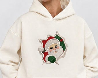 Peeking Santa Face Embroidery Design, Santa Claus Machine Embroidery File, Christmas Holly Berry Digital Download PES DST Pattern