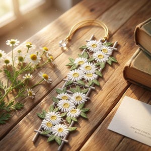 May include: A rectangular bookmark featuring an intricate white and yellow daisy embroidery pattern on a lattice frame. The bookmark includes a thin gold cord with a clear crystal bead at the top, showcasing detailed floral stitching and green leaves.