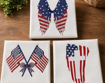 Patriotic Embroidery Design Bundle, American Flag Angel Wings Cross Crossed Flags Machine Embroidery File 7 Sizes, 4th of July Memorial Day