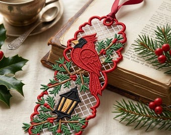 Cardinal Bird FSL Bookmark Machine Embroidery Design, Free Standing Lace Christmas Ornament, Holly Lantern Digital Download File