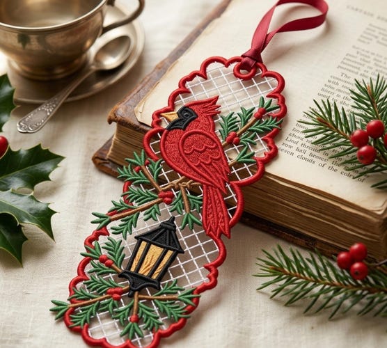 Cardinal Bird FSL Bookmark Machine Embroidery Design — Free Standing Lace Christmas Ornament