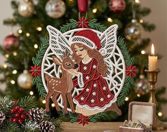 Christmas Angel Fairy Deer FSL Embroidery Design, Free Standing Lace Ornament, Machine Embroidery File, Digital Download Xmas Gift