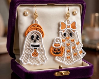 Halloween Ghost FSL Embroidery Design, Free Standing Lace Ornament Earrings, Boo Ghost Bow Pumpkin Bag, 7 Sizes Machine Embroidery File