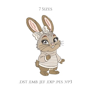 Peut inclure: Motif brodé d'un lapin de dessin animé portant un pull et un nœud. Le lapin est dans les tons de marron, beige et blanc. Le texte "7 TAILLES" est au-dessus du lapin, et les extensions de type de fichier sont en dessous.