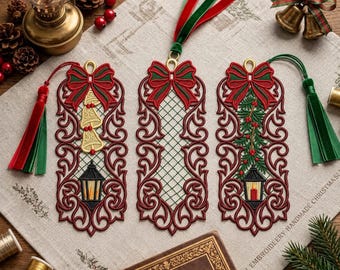 Christmas FSL Bookmark Ornament Machine Embroidery Design, Free Standing Lace Bells Lantern Bow Set, Digital File Instant Download Pattern