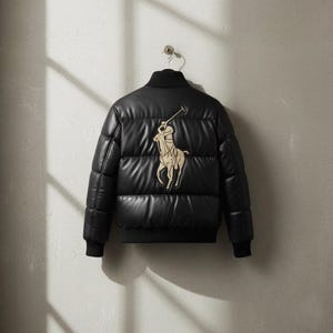 May include: A black puffer jacket with a smooth finish, featuring a large embroidered beige logo of a polo player on a horse on the back. The jacket has a high collar, long sleeves with ribbed cuffs, and a ribbed hem, hanging from a metal hanger.