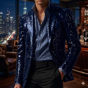 Men's Premium Blue Sequin Blazer - Luxury Party Wear Jacket - SHA Collection Elegant Evening Coat