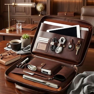 May include: A dark brown leather portfolio case with a zip closure, featuring multiple interior compartments for organisation. It contains a tablet, charging cables, a key, a power bank, pens, and documents, all neatly arranged within the pockets.