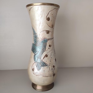 Brass Enamel Vase with Hummingbird Design | Handmade Pottery by Helene | Vintage Style Decorative Flower Vase retro brass enamel vase