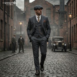 Peaky Blinders Grey 3 Piece Suit, Long Coat & Cap, 1920s Thomas Shelby Gangster Outfit