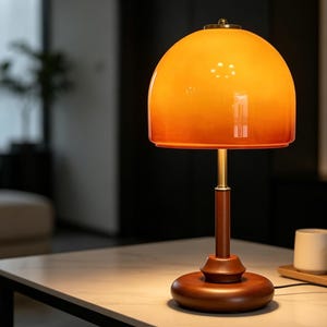 Retro Orange Glass Table Lamp, Pull Chain Switch, Minimalist Wooden Base Bedside Light, Aesthetic Lighting, Desk Lamp for Home Office Decor.