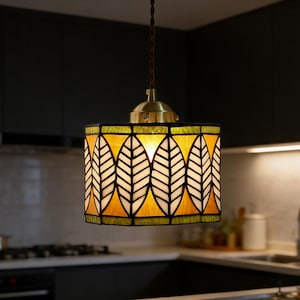 Glass Leaf Pattern Pendant Light, Retro Boho Hanging Lamp for Kitchen, Art Deco Home Decor Lighting, Ideal Housewarming Gift for Homeowners.
