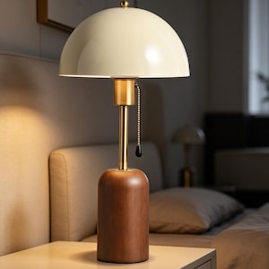 Kremowa lampa stołowa z kopułą, minimalistyczna lampka nocna w kształcie grzyba z drewnianą podstawą, lampka nocna, lampa biurkowa z łańcuszkiem, dekoracja sypialni z oświetleniem nastrojowym