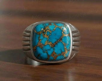 Anillo de plata de ley para hombre, gema de turquesa azul natural en forma de cojín, sello, clásico, otomano, regalo para esposo, anillo clásico para abuelo