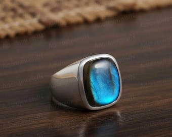 Bague pour homme en argent sterling labradorite, design grec, ovale 12 x 16 mm