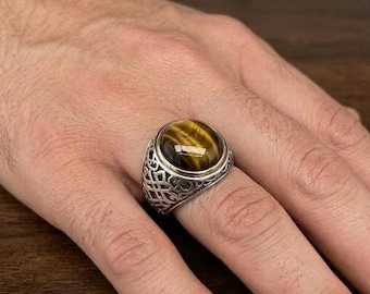 Tiger Eye Signet Ring for Men, Oval Tiger Eye Silver Ring, Vintage Style Statement Celtic Pattern Band, Handmade Men's Gemstone Jewelry